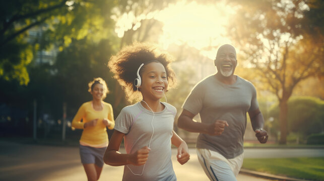 happy family jogging together in the morning sunrise