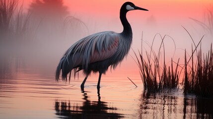 Fototapeta premium A tranquil, misty marsh at dawn, with tall reeds silhouetted against a pale pink sky and a lone heron poised to strike.