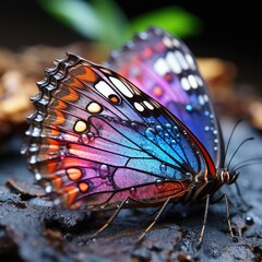 Fototapeta na wymiar A zoomed-in perspective of a butterfly's wing, its intricate structure catching the light and creating a spectrum of colors.