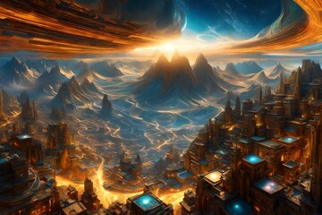 mountainous inverted city of colorful misty and boling twisted rain, complex fractal swirling clouds of golden sun and planets, stars and nebulae above and below, sharp. generated by AI tools.