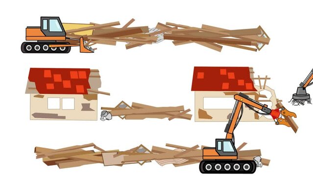 重機を使って木造住宅を解体している作業の動画です。
