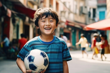 Chinese boy is staying on a asian street background and holding his soccer ball 