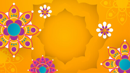 Happy Diwali. Celebrating the festival of lights. Background with the paper graphic of Indian Rangoli and flowers.