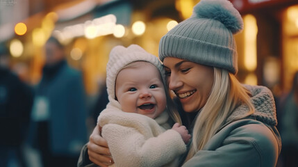 A happy woman holding up her baby, in a public place