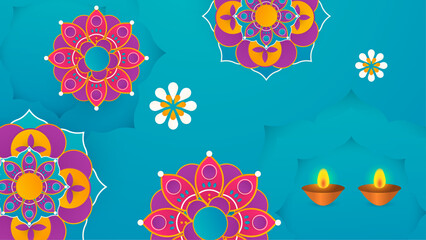 Fototapeta premium Happy Diwali. Paper Graphic of Indian Rangoli. Rangoli - A traditional Indian art of decorating the entrance to a house. Diwali festival holiday design with paper cut style of Indian Rangoli.