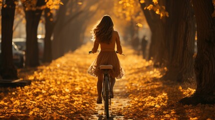 person riding bicycle at autumn forest