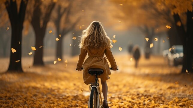 Woman riding bicycle at autumn forest