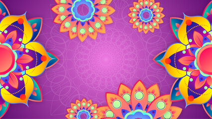 Colorful clay diya lamps with flowers on background