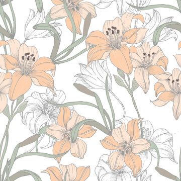 Vintage Soft Lily Watercolor Flower Seamless Pattern