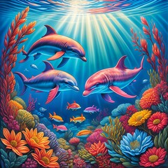 A painting of a group of dolphins swimming in the ocean