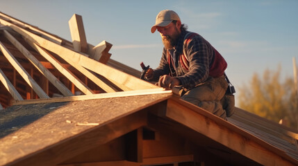 Carpenter builds a roof on the house