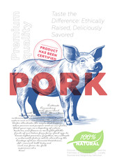 Pork shop advertising poster with vintage pig sketch. Butcher market retro print. Butchery label creative typography template. Natural farm product placard engraving swine hand drawn artwork. Vector