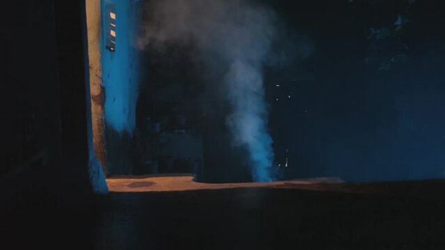 Enigmatic Nightmares - Eerie Abandoned Haunt Engulfed in Smoke and Chilling Shadows - Spine-chilling Darkness Awakens. Hd footage. Scary haunted place with smoke and dramatic light.