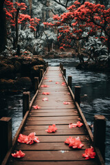 A wooden bridge in a tropical rainforest
