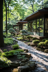 A bamboo hut in a serene zen garden surrounded
