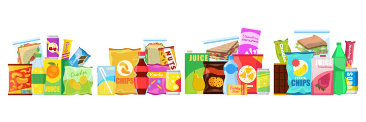 Snack product set, fast food snacks, drinks, nuts, chips, cracker, juice, sandwich isolated on white background. Unhealthy junk food. Flat illustration in vector