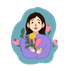 Linda chica pelinegra natural sosteniendo flores llena de amor propio