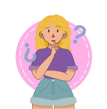 Chica teniendo dudas con Signos de Interrogacion alrededor de ella