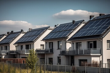 Newly constructed homes with solar panels on the roof. Generative AI