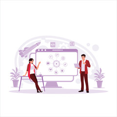 Workflow concept. The concept of agile development methodology on virtual screens. The worker is touching the screen. Trend Modern vector flat illustration