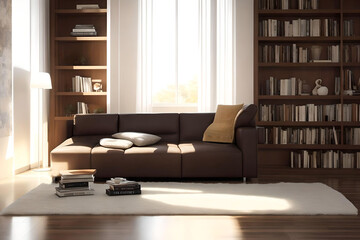 Interior of modern living room with sofa and bookshelf. AI Generated.