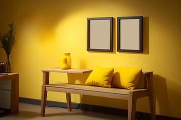 Interior of modern living room with yellow wall, wooden table and yellow sofa. AI Generated.