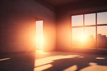 Interior of empty room with wooden floor and sunlight. AI Generated.