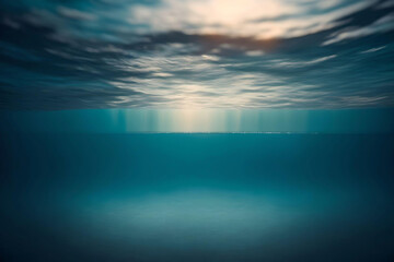 Fototapeta na wymiar Underwater view of seascape with sunbeams and blue sky. AI Generated.