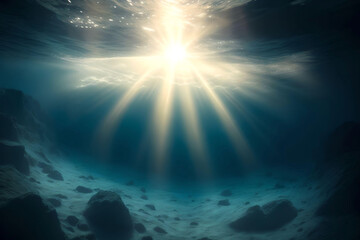 underwater scene with sun ray and ice floes in the ocean. Ice cave in Glacier Lagoon, AI Generated.
