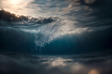 Underwater view of ocean wave with sun rays. AI Generated.