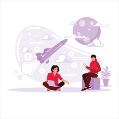 Productivity boosting concept. 2 businessmen are talking about the progress of sales. Illustration of a rocket flying to the moon. Successful start up partnership or concept. Trend Modern vector flat 