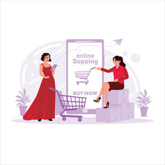 Online shopping concept. Two women with shopping boxes and bags in front of a Smartphone Online Shopping screen. Trend Modern vector flat illustration