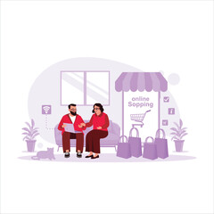 Married Couple Shopping Online On Laptop With Colorful Shopping Bags On Sofa. online shopping concept. Trend Modern vector flat illustration