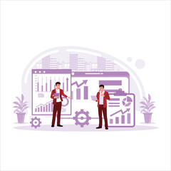 Successful businessman working in the office with a digital tablet laptop computer with a skyscraper background. Sales report illustration. Trend Modern vector flat illustration