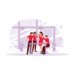 Business people team celebrating success in collaboration working together, giving high five happily. Unity and support between colleagues concept. Pushing each other for good energy