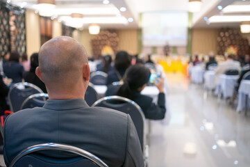 Fototapeta premium Rear view of businessperson participating in a business seminar in the hall
