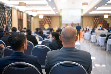 Rear view of businessperson participating in a business seminar in the hall