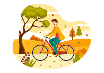 Fototapeta premium Fall Activity Vector Illustration with Activities like a People Rides a Bicycle, Read Book, Relax or Jogging in the Autumn City Park Templates
