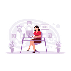 Portrait of Beautiful and Confident Female Industrial Engineer Working on Computer, in Screen Industry Electronic Design Software. High Tech Facilities with CNC Machines.