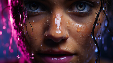Macro shot of a woman face with rain drops and neon light reflection