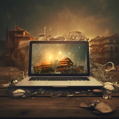 Naklejka premium laptop on the background of the sky #digital data transfer #technology wallpaper #programing #future #laptop #digital #01 #information #internet #technological revolution #imagination