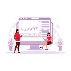 Invest and trade in the stock market. Investment concept. Businesswoman trader analyst smiling looking at laptop monitor. Trend Modern vector flat illustration