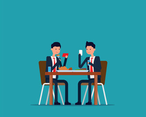 People uses a phone while having a meal. Technology impact on everyday life concept