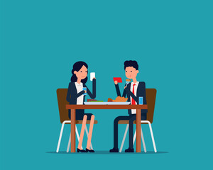 People uses a phone while having a meal. Technology impact on everyday life concept