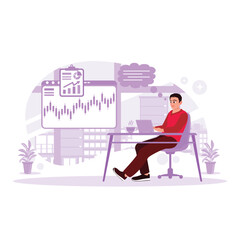 young businessman working with a laptop while sitting in front of his computer screen with trading charts. Stock trading concept. Trend Modern vector flat illustration