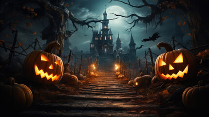 halloween background with pumpkins, jack o lantern, generative AI