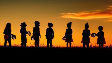 silhouette of a group of kids halloween at sunset