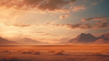 Fototapeta na wymiar Serenity of the Sahara: Cinematic Sunrise over Grasslands