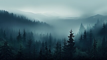 Moody Forest Mystique: Dark Fog and Mist Over Mountain Fir Trees - obrazy, fototapety, plakaty