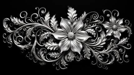 Ornate Floral Metalwork: Delicate Silver Filigree on Black